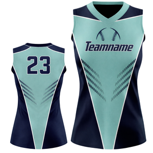 Camiseta de Softbol sin Mangas con Sublimación Total, Color Verde Azulado Marino, Diseño de Paneles con Cuello en V, Uniforme Personalizado para Equipo con Número en la Espalda - Product Image 1