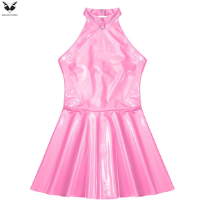 Nouvelle Robe Tendance Personnalisée pour Femme en Cuir PU Rose, Col Halter, Sans Manches, Taille Naturelle, Plissée, Coupe A-Line, Mini-jupe – Excellent Fournisseur - Product Image 4