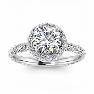 Moissanite Diamant GRA Certifié 10K Or Massif Bande Torsadée Un Halo Demi Eternité Art Déco Antique Bague de Fiançailles et de Mariage - Product Image 1