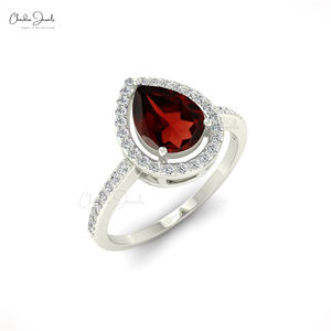 แหวนทองคำขาว 14k ประดับพลอยโกเมนแท้จากโมซัมบิก รูปทรงหยดน้ำ ขนาด 8x6 มม. พร้อมเพชรรอบวง ดีไซน์แฮนด์เมด สำหรับงานแต่งงาน - Product Image 1