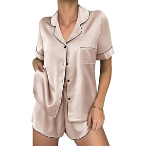 Ensemble de pyjama pour femmes, coupe décontractée, manches courtes, col rond, short, taille élastique - Product Image 1