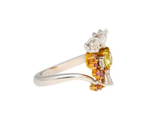 Flower Cluster Ring Lab Created Yellow <b>Cushion</b> Diamond Center White Pink Diamonds Alloy IGI Certified 18K Gold Plated Women's - Product Image 3