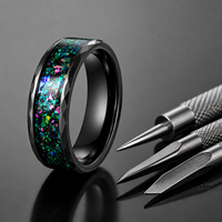 Bague en carbure de tungstène noir facetté de 8 mm avec incrustation d'opale multicolore pour femmes et hommes, alliance de mariage galaxie, ajustement confortable, vente en gros