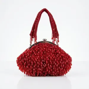 Embroidery Crafts Handmade <b>Red</b> Beaded Round <b>Handbag</b> With Tassel Handle Party Purse Pearl Potli - Product Image 1