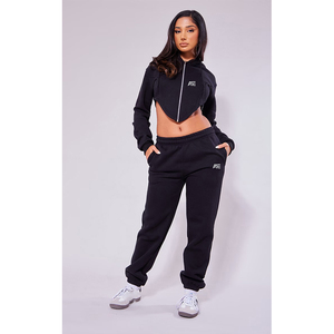 OEM Women Black Cropped Zip Up Hoodie and Jogger Pants corset hem hoodie Private Label Fleece Sweat Suit Supplier - Product Image 1