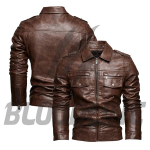 Men's Brown PU <b>Leather</b> Moto <b>Jacket</b> Slim Fit Turn-down Collar Zipper Closure <b>Long</b> Sleeve Solid Color Autumn Wear - Product Image 2