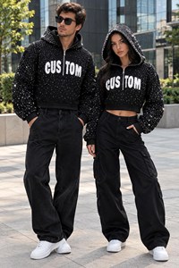 Survêtement à capuche personnalisé écologique noir avec strass pour homme et femme, coupe ample en polyester/coton pour l'hiver - Product Image 1
