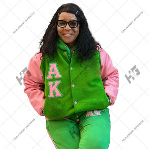 Kapa Unisex Letterman Varsity <b>Jacket</b> Green Wool Body Pink Front Logo Breathable Quick Dry Winter V-neck Single Button 100% - Product Image 5