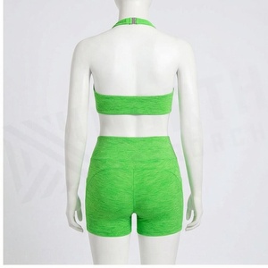 North Approach 2 Piece Yoga Set <b>Green</b> Solid High Waist Shorts <b>Halter</b> <b>Top</b> Breathable Seamless Sportswear - Product Image 2