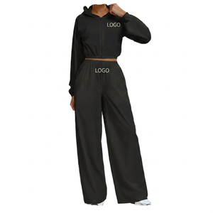 Women's Cream Hooded <b>Zip</b>-<b>Up</b> <b>Crop</b> Top & Wide Leg Pants Set Loose Fit Solid Color Front Logo Casual Outfit - Product Image 5