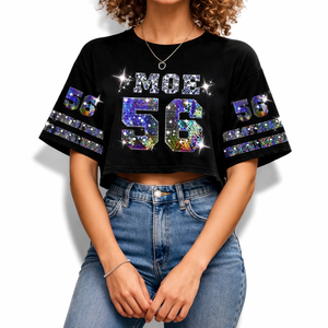 Maillot de football américain court pour femme de qualité supérieure avec strass, numéro personnalisé à paillettes, haut streetwear, marque privée, OEM, vente en gros - Product Image 1