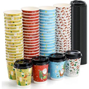 Confezione da 80 Bicchieri di Carta Natalizi Usa e Getta da 350 ml con Coperchi, 4 Stili per Feste, Bicchieri da Asporto Festivi per Caffè di Natale - Product Image 1