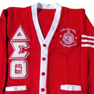Delta Sigma Theta Men's Red V-Neck <b>Cardigan</b> Full Sleeve Button Closure Embroidered Letter Logo Autumn Wear Acrylic Material - Product Image 3