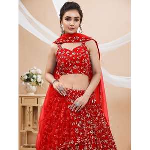 Lehenga choli ของผู้หญิงผ้าจอร์เจียปักสีแดงเสน่ห์สำหรับใส่ต้อนรับ - Product Image 3