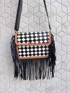 Women's Fringe Handbag Hand Tooled Carving Leather <b>Bag</b> Gypsy <b>Boho</b> Style Black White Checkered Pattern Western Multi Uses <b>Bag</b> - Product Image 1