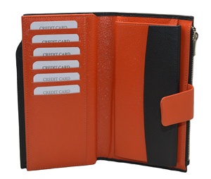 Portefeuille long en cuir véritable avec fermeture éclair et fermoir, couleur orange et noir, design minimaliste unisexe - Product Image 5