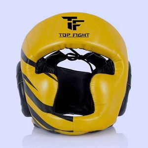 อุปกรณ์ป้องกันศีรษะสำหรับชกมวยสีเหลือง ยี่ห้อ Top Fight รุ่น PU แบบผูกเชือก ระบายอากาศได้ดี เหมาะสำหรับการฝึกซ้อมและการต่อสู้ สำหรับผู้ใหญ่ ฝึกศิลปะการต่อสู้ - Product Image 1