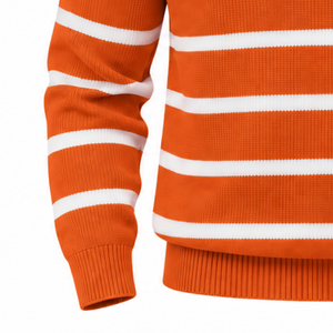 Suéter de punto para hombre, naranja y blanco a rayas, con media cremallera, manga larga, cuello tipo polo, puños acanalados, frontal estándar, de lana, venta al por mayor, personalizado - Product Image 6