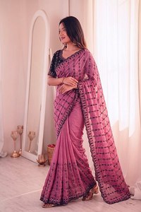 Sari en polyester rose avec broderie noire et paillettes pour femmes, tenue traditionnelle indienne pour mariage - Product Image 2