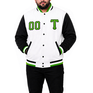 Custom <b>White</b> and Black Varsity <b>Jacket</b> for <b>Men</b> and Women Personalized Name and Number Green Trim Letterman Coat Fall Winter - Product Image 1