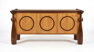 Buffet en bois massif fait main de style Mid-Century Modern avec incrustation ronde pour la cuisine et la salle à manger, rangement et décoration intérieure - Product Image 2