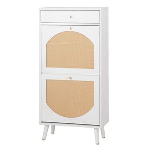 Scarpiera Bianca 54x24x110cm in Rattan con 1 Cassetto e 2 Scomparti Ribaltabili, Scatole e Organizzatori per Scarpe in Truciolato - Product Image 3