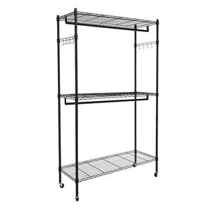 Appendiabiti a 3 ripiani in filo metallico resistente con ruote, ganci laterali e doppia asta, mobiletto portabiti su ruote per vestiti e indumenti - Product Image 1