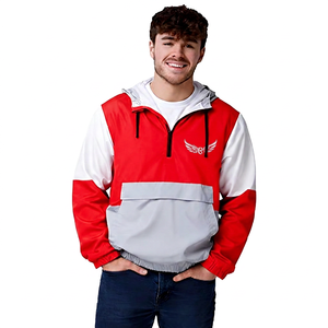 <b>Men's</b> Blue White Color Block Hooded Quarter Zip Windproof Sport <b>Jacket</b> With Logo Front Pocket Design - Product Image 4