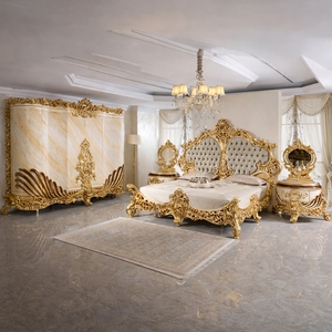 Luxury Rococo Mahogany Bedroom Furniture Set Gold Carved Upholstered Bed Wardrobe <b>Vanity</b> <b>Table</b> Villa Hotel Collection - Product Image 2