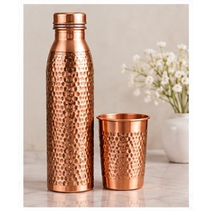Traditional Copper Water <b>Bottle</b> with Matching Cup Set <b>Vintage</b> Engraved Design Portable Drinkware for Travel - Product Image 2