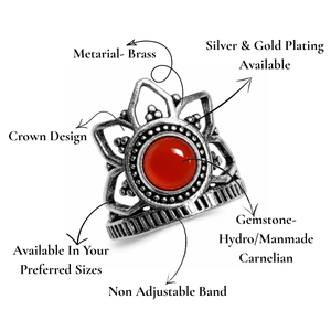Crimson Glow Manmade Carnelian Lotus Crown <b>Ring</b> Handmade Gold/Silver Plated Bohemian Style Unisex Jewelry - Product Image 2