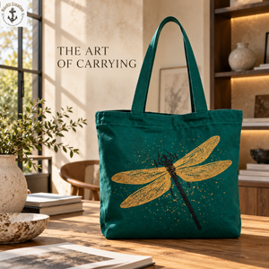 Bolsa de Lona Verde Esmeralda con Estampado de Libélula Dorada |   Bolso de hombro para uso diario con asas largas y diseño inspirado en la naturaleza - Product Image 4