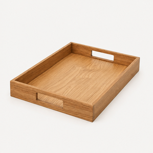 Plateau de service rectangulaire décoratif en bois de chêne massif, artisanal et de qualité supérieure, avec poignées découpées, durable, pour table basse ou ottoman. - Product Image 5