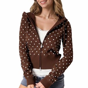 Sweat-shirt zippé à capuche pour femme, à pois, court, tricoté, manches longues, respirant, décontracté, printemps - Product Image 2