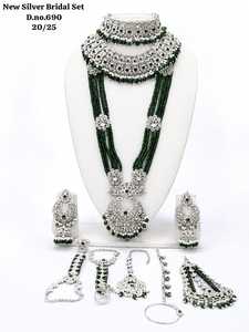 New Silver Bridal Jewelry <b>Set</b> With Green Beads And Crystal Floral Design For Wedding Women Choker Necklace Earrings Maang Tikka - Product Image 1
