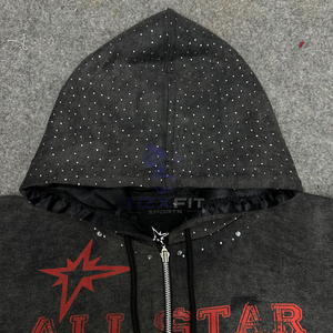 Customized Design Top Impact Best Zipper Distressed Hoodie <b>Rhinestone</b> Zip up <b>Jacket</b> Acid Wash Men Fleece Streetwear Hoodie - Product Image 3