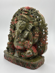 Statue en pierre sculptée à la main du Dieu Ganesha, finition antique verte et rouge, idole décorative du dieu hindou pour la maison, le temple ou comme cadeau - Product Image 1