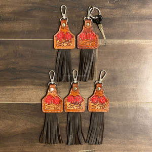 New Real Handcrafted Genuine Color Tooled Leather <b>Cute</b> Charming Tassel <b>Keyrings</b> Hot Sale Western Style Modern Floral Key Fobs - Product Image 4
