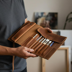 Organizador de Pinceles de Cuero Genuino Enrollable con Múltiples Bolsillos, Bolsa de Almacenamiento para Artistas, Personalización de Marca, Precio de Mayoreo Directo de Fábrica - Product Image 1
