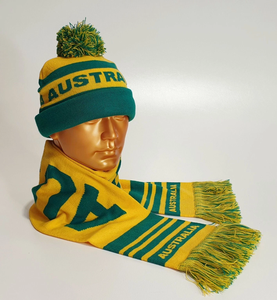 Conjunto de Bufanda y Gorro Tejido Verde y Dorado de Australia para Hombre, Estilo Rayado Largo, Aislamiento Térmico, para Aficionados a Deportes de Invierno - Product Image 1