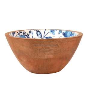 Tazón de Madera de Mango Ecológico Hecho a Mano con Diseño Floral en Acuarela Azul, Estilo Rústico, para Servir Ensaladas - Product Image 4