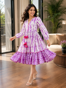 Robe en coton tie-dye bohème pour femme, élégante, col en V, manches élastiques, coupe fluide, ourlet à volants, robe midi décontractée pour l'été et les occasions festives - Product Image 5