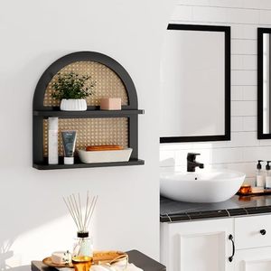 Estante de pared flotante bohemio de 2 niveles hecho a mano, madera negra con exhibición de ratán para decoración rústica de guardería - Product Image 4