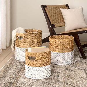 Water Hyacinth <b>Storage</b> <b>Basket</b> Handwoven Natural Organizer <b>Basket</b> <b>with</b> Handles for <b>Shelves</b> Laundry Wholesale - Product Image 3