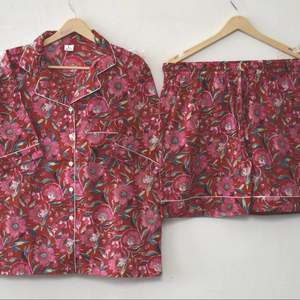 Conjunto de Pijama de Algodón Tejido con Estampado Floral para Mujer, Elegante, con Estampado a Mano, Manga Corta, Transpirable, de Secado Rápido, Ropa de Dormir - Product Image 1