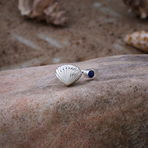 925 Sterling Silver Scallop Shell <b>Ring</b> – Adjustable <b>Lapis</b> Coastal Jewelry - Product Image 5