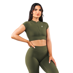 เสื้อชั้นในกีฬาผู้หญิง Grand Olive แบบซิปด้านหน้า แขนสั้น ไร้ตะเข็บ รองรับทรงได้ดี เหมาะสำหรับโยคะ ฟิตเนส ออกกำลังกาย เสื้อครอป - Product Image 1