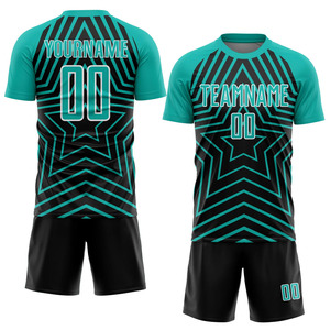 Conjunto de Camiseta de Fútbol Sublimada Personalizada, Diseño Geométrico de Estrellas en Negro y Verde Azulado, Absorbe la Humedad, Manga Corta, Unisex, para Adultos - Product Image 1