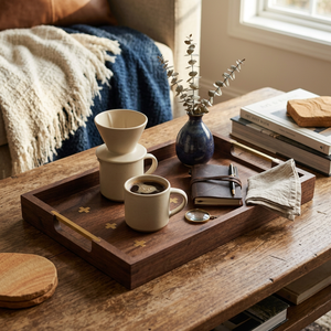 Plateau de service en bois fait main, vente en gros, personnalisé, OEM, ODM, avec incrustation en laiton, poignées à motif croisé, plat décoratif DECORYUG - Product Image 2