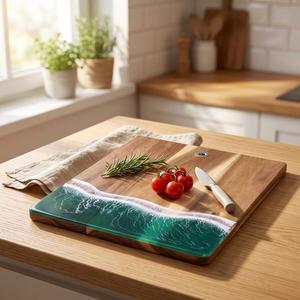 Planche à découper en bois naturel et résine époxy, faite à la main, pour légumes, viande, fruits et préparation culinaire - Product Image 1